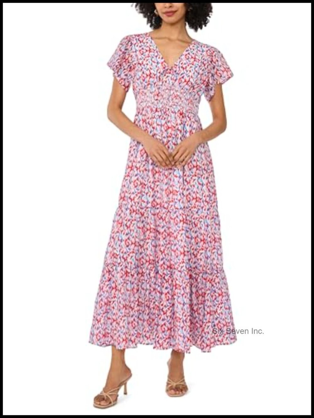 Short Sleeve Smocked Waist Maxi Dress Square Neck Zipper Casual